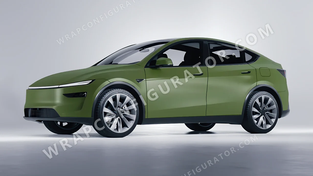 Green Tesla Model Y Juniper 2025 wrapped in 3M Matte Military Green M26