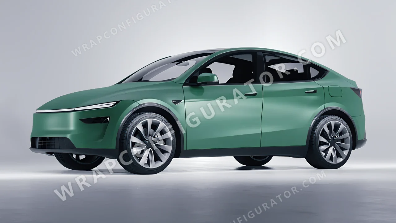 Green Tesla Model Y Juniper 2025 wrapped in 3M Matte Pine Green Metallic M206