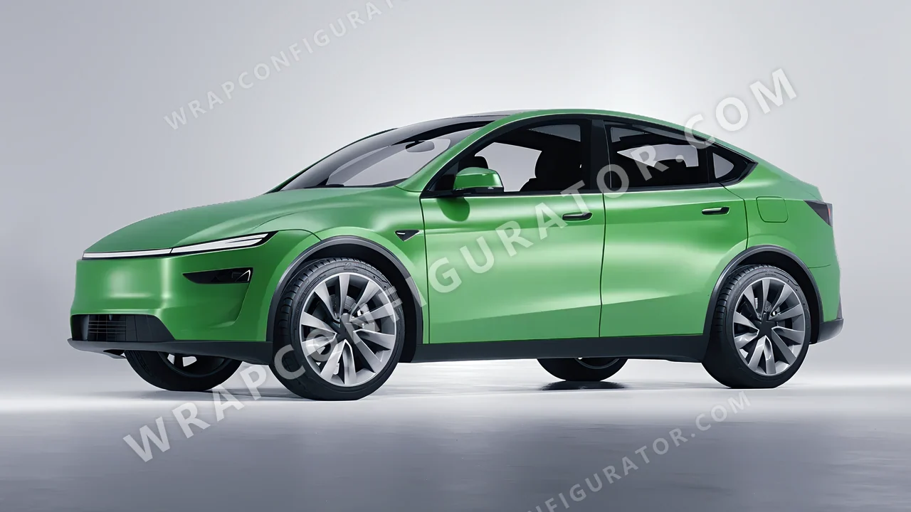 Green Tesla Model Y Juniper 2025 wrapped in 3M Satin Apple Green S196