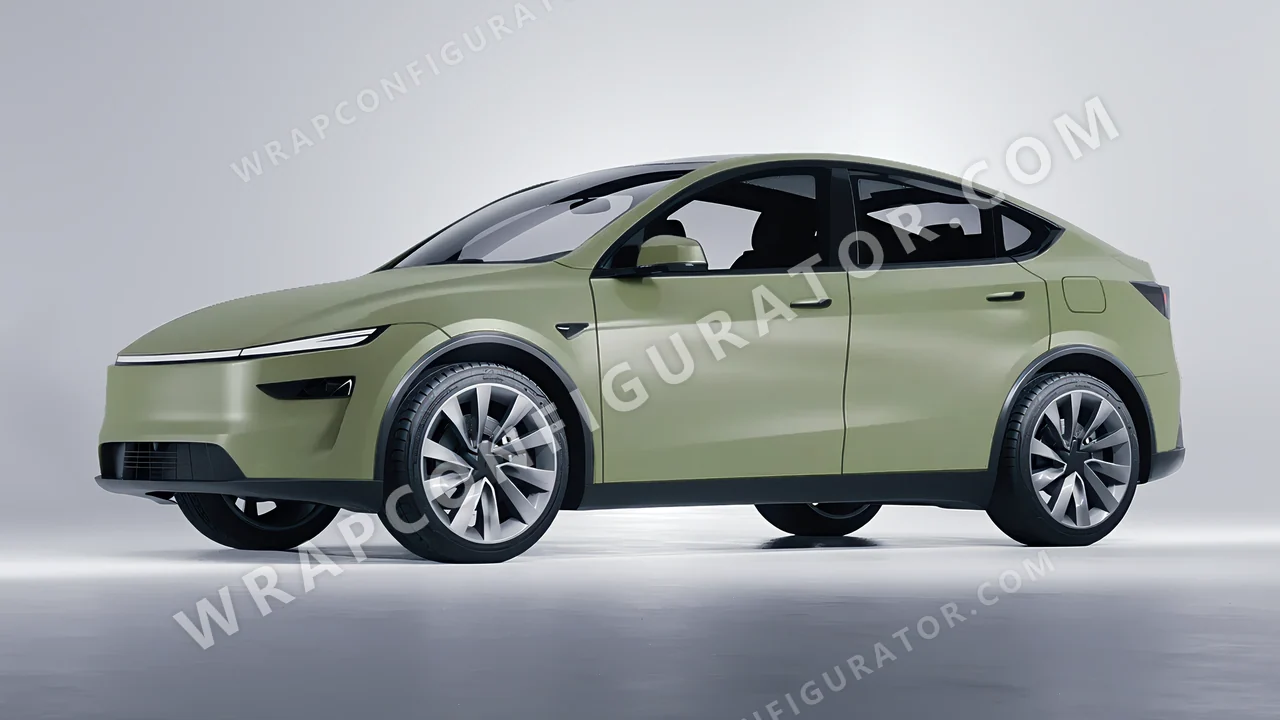 Green Tesla Model Y Juniper 2025 wrapped in Avery Dennison Khaki Green SW900-711-O