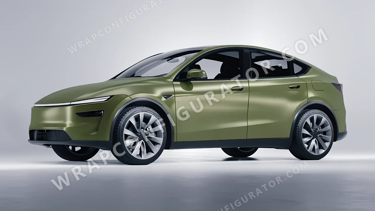 Green Tesla Model Y Juniper 2025 wrapped in Avery Dennison Khaki Green SW900-712-O