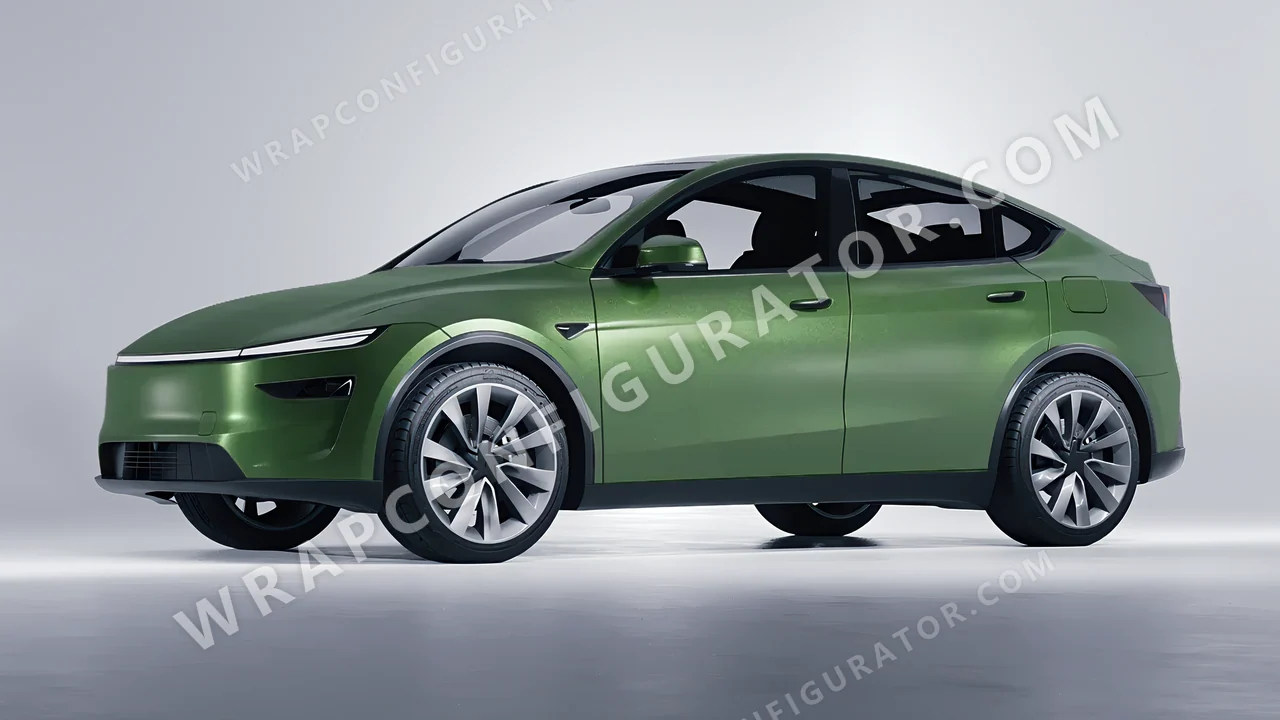 Green Tesla Model Y Juniper 2025 wrapped in Avery Dennison Moss Green SW900-737-M