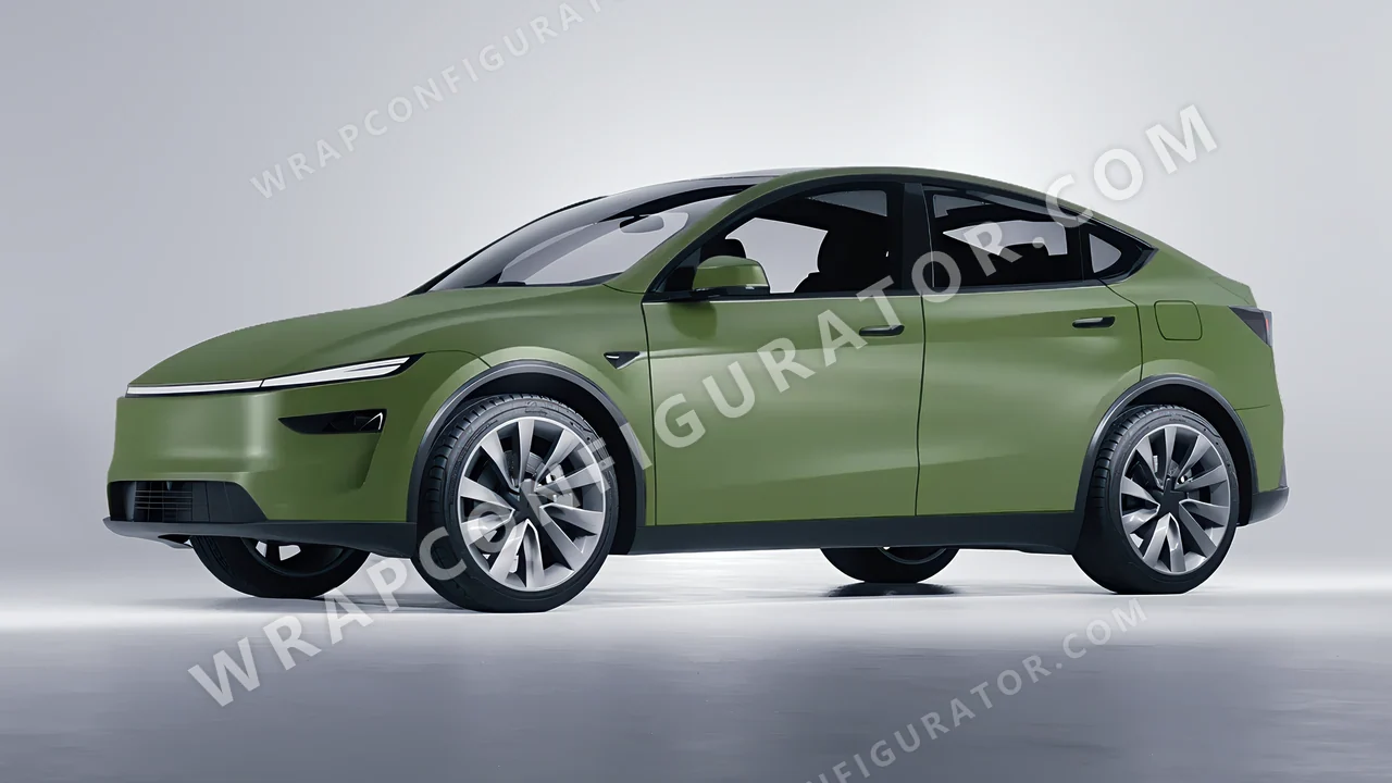 Green Tesla Model Y Juniper 2025 wrapped in Avery Dennison Olive Green SW900-732-O