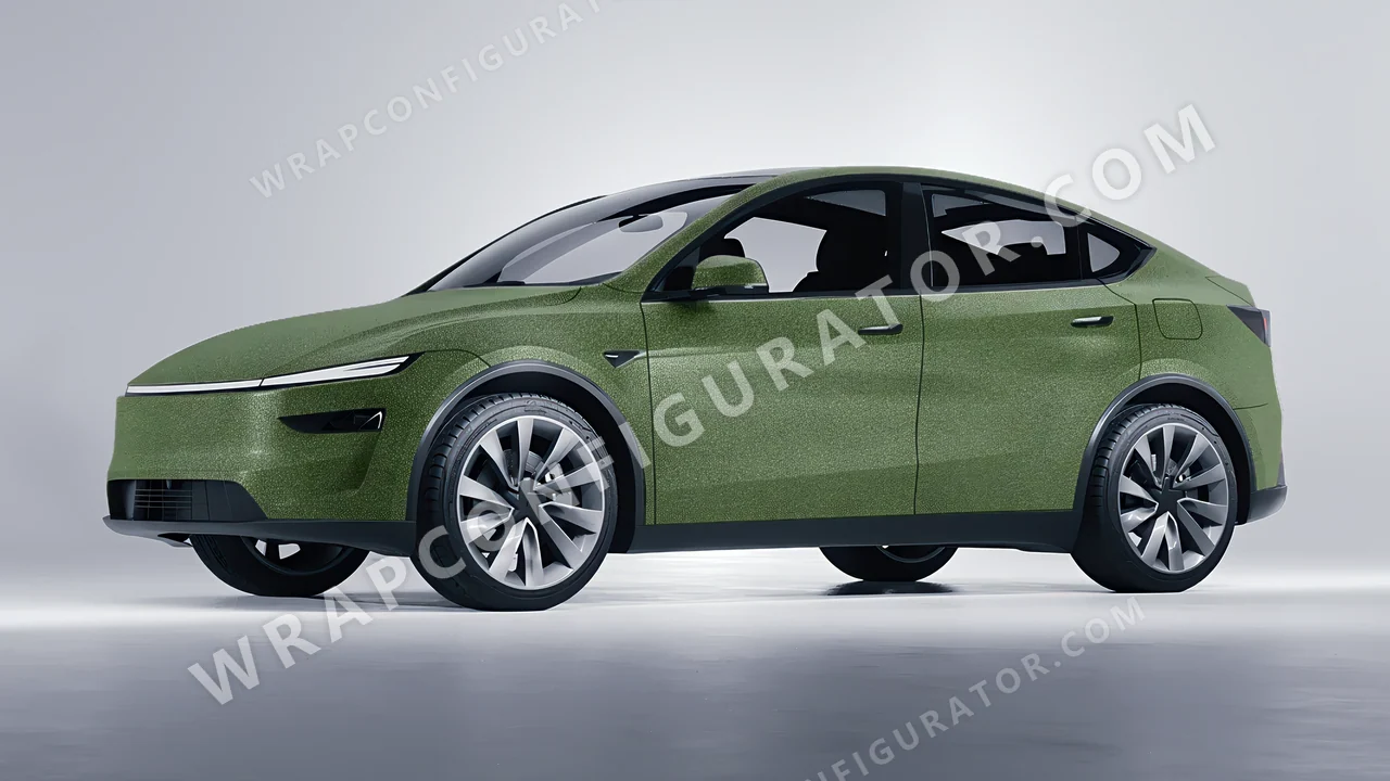 Green Tesla Model Y Juniper 2025 wrapped in Avery Dennison Rugged Combat Green SW900-718-X