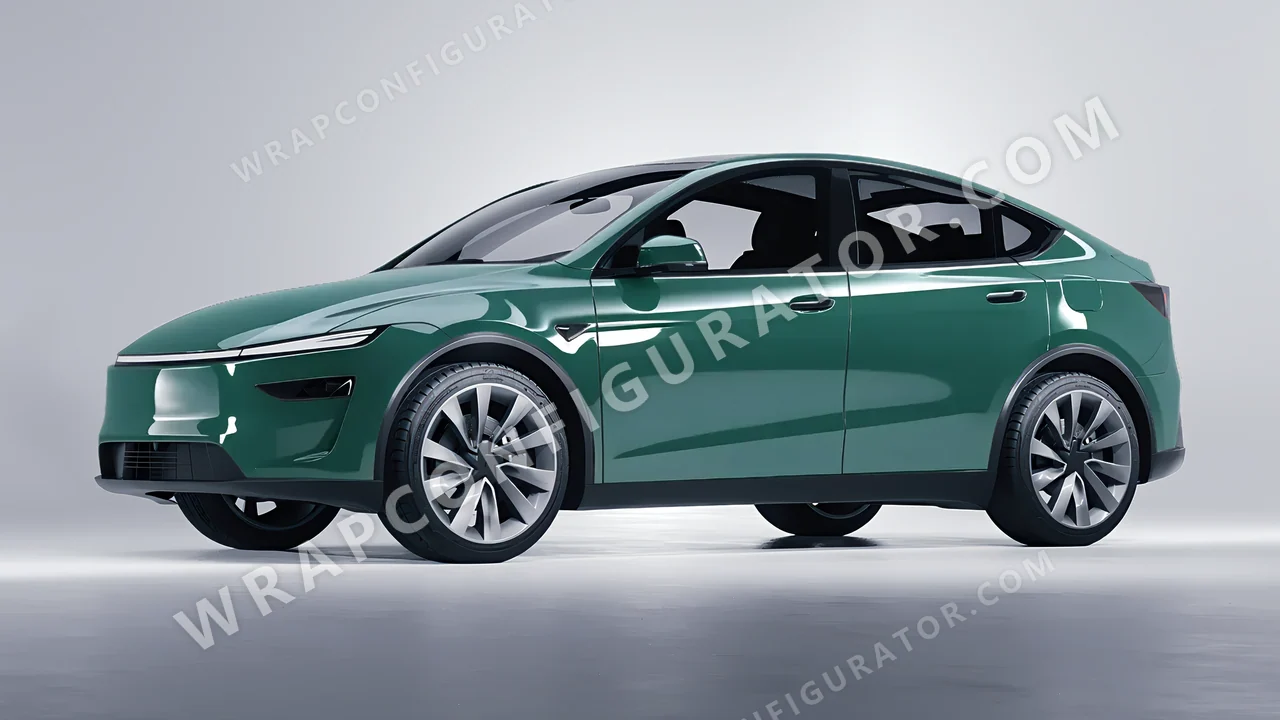 Green Tesla Model Y Juniper 2025 wrapped in Avery Dennison Smooth Sage SW900-729-O