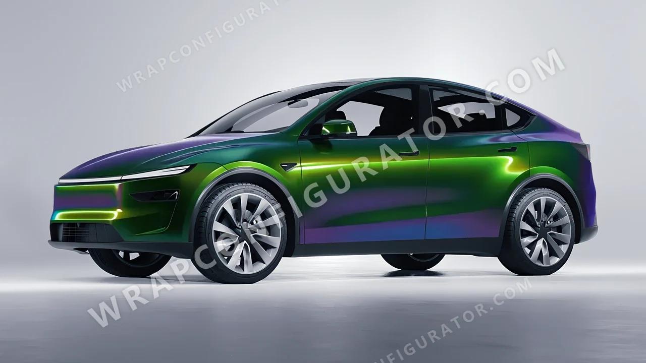 Green Tesla Model Y Juniper 2025 wrapped in Colourshield PPF by HyperPro Aurora Green GB01-P