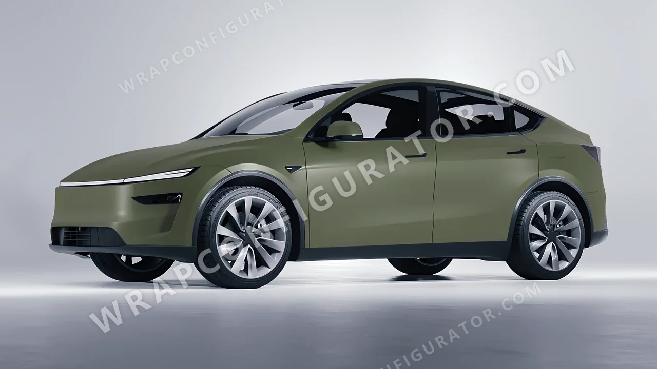 Green Tesla Model Y Juniper 2025 wrapped in Inozetek Dynamic PPF Army Green DPPF810