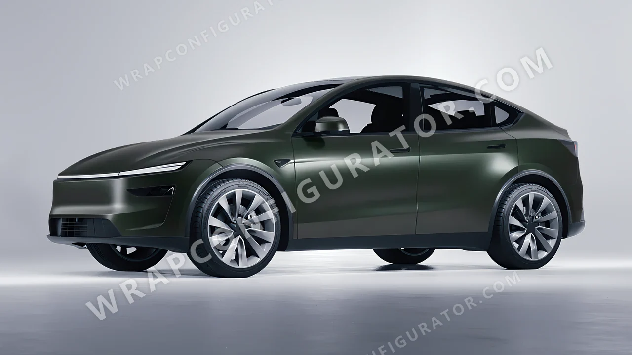 Green Tesla Model Y Juniper 2025 wrapped in Inozetek Dynamic PPF Midnight Moss DPPF804