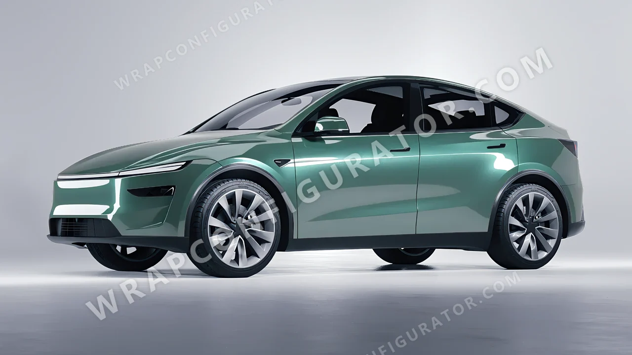 Green Tesla Model Y Juniper 2025 wrapped in Inozetek Dynamic PPF Sage Green DPPF710