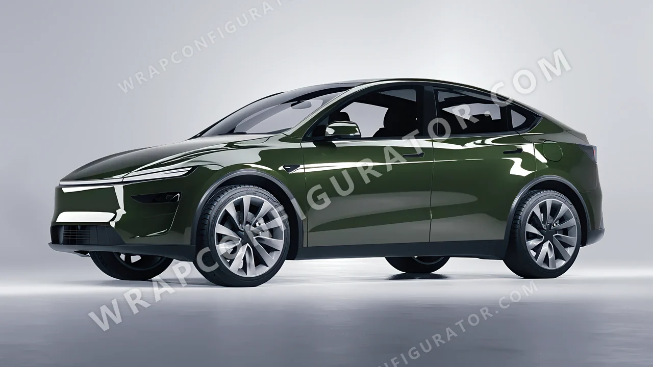 Green Tesla Model Y Juniper 2025 wrapped in Inozetek Dynamic PPF Student Driver Olive SD103