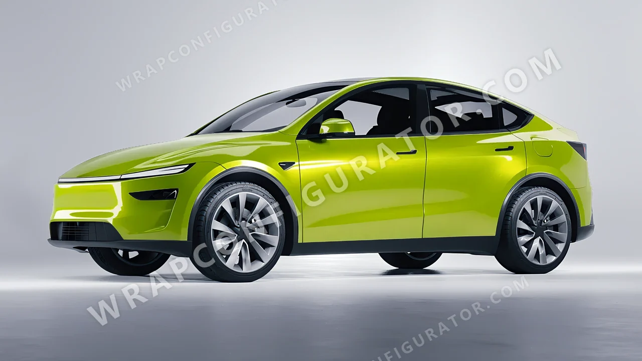 Green Tesla Model Y Juniper 2025 wrapped in KPMF Dynamic Lime K75454