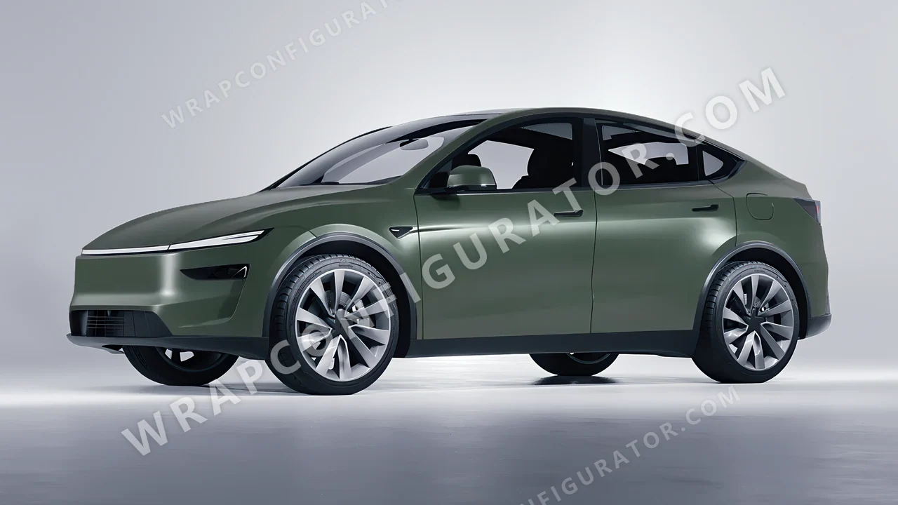 Green Tesla Model Y Juniper 2025 wrapped in KPMF Matt Platinum Dark Sage K75560