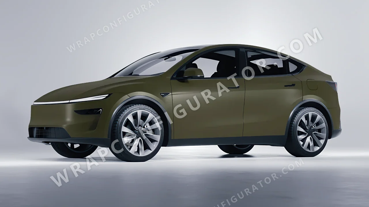Green Tesla Model Y Juniper 2025 wrapped in ORACAL Nato Olive 970RA-285M