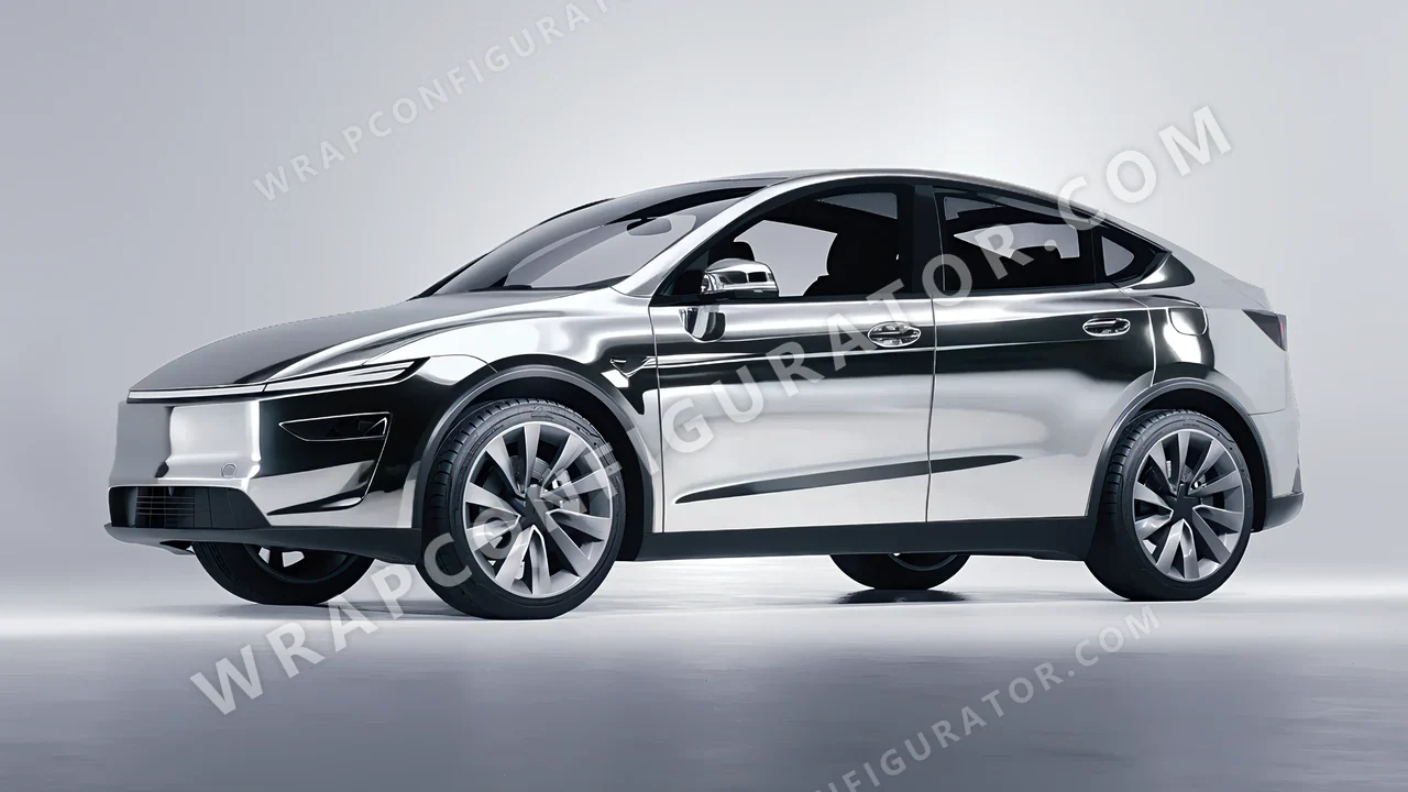 Grey Tesla Model Y Juniper 2025 wrapped in 3M Gloss Silver Chrome GC451