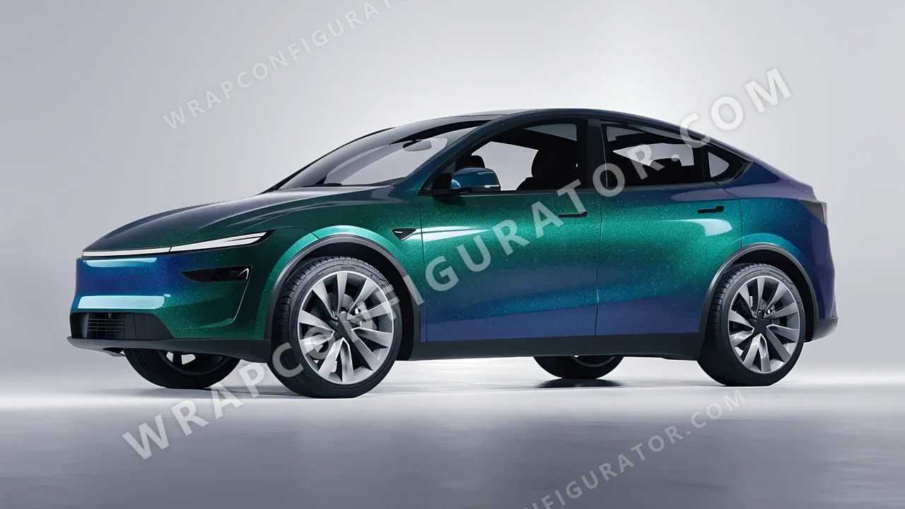 Grey Tesla Model Y Juniper 2025 wrapped in ORACAL Thunderous Blue Green 970RA-851G
