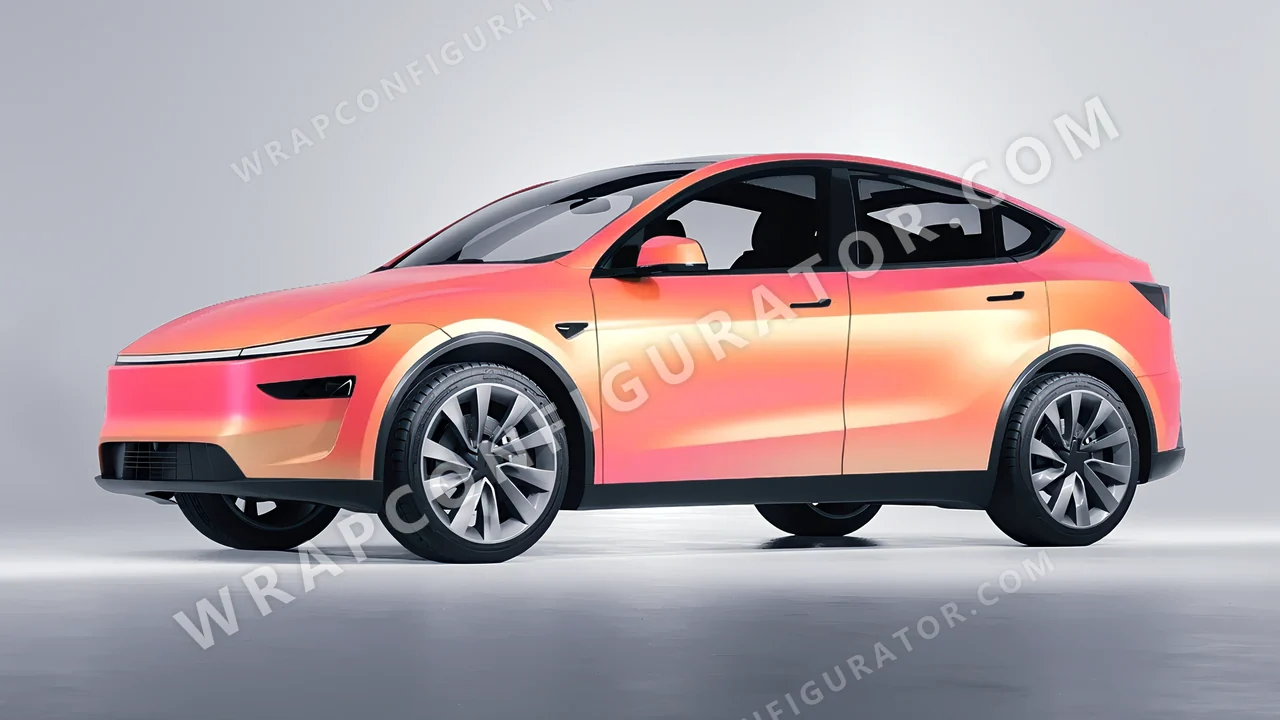 Orange Tesla Model Y Juniper 2025 wrapped in 3M Electric Coral SP213