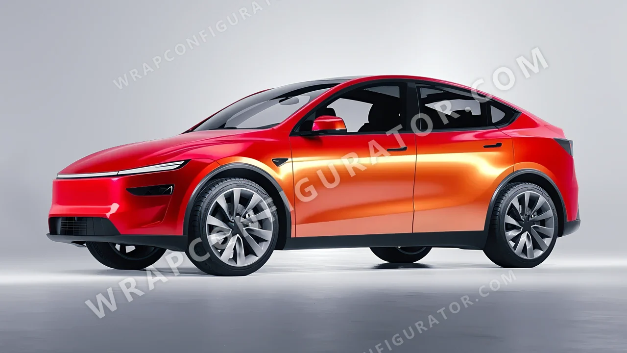 Orange Tesla Model Y Juniper 2025 wrapped in ORACAL Gloss Sunset Shift 970RA-100G