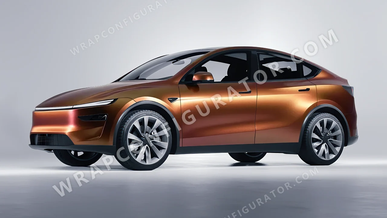 Red Tesla Model Y Juniper 2025 wrapped in 3M Satin Flip Volcanic Flare SP236