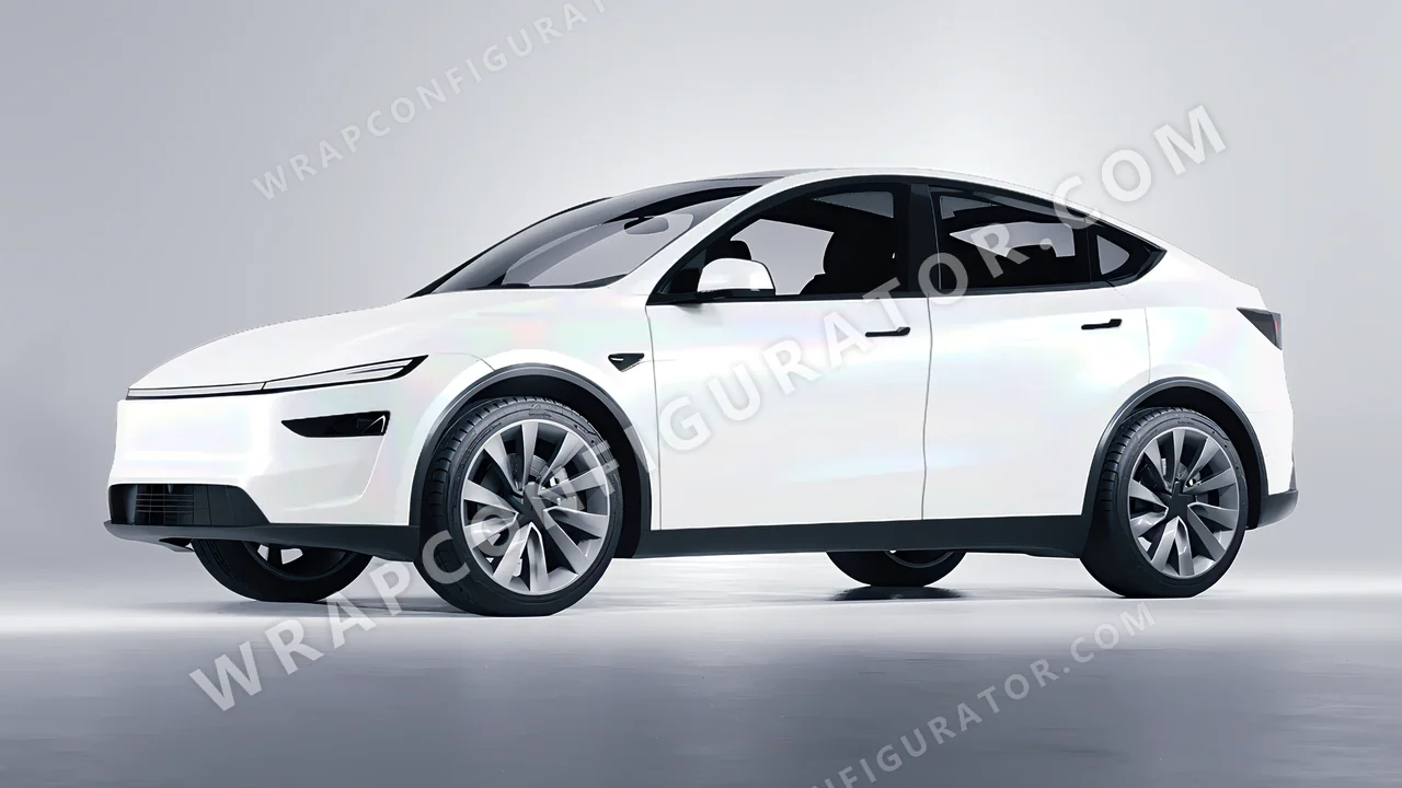 White Tesla Model Y Juniper 2025 wrapped in 3M Satin Flip Ghost Pearl SP280