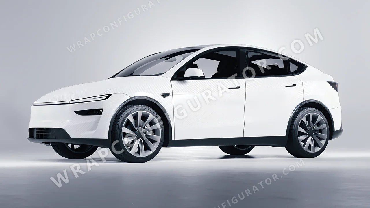 White Tesla Model Y Juniper 2025 wrapped in Avery Dennison Carbon Fiber White SW900-115-X