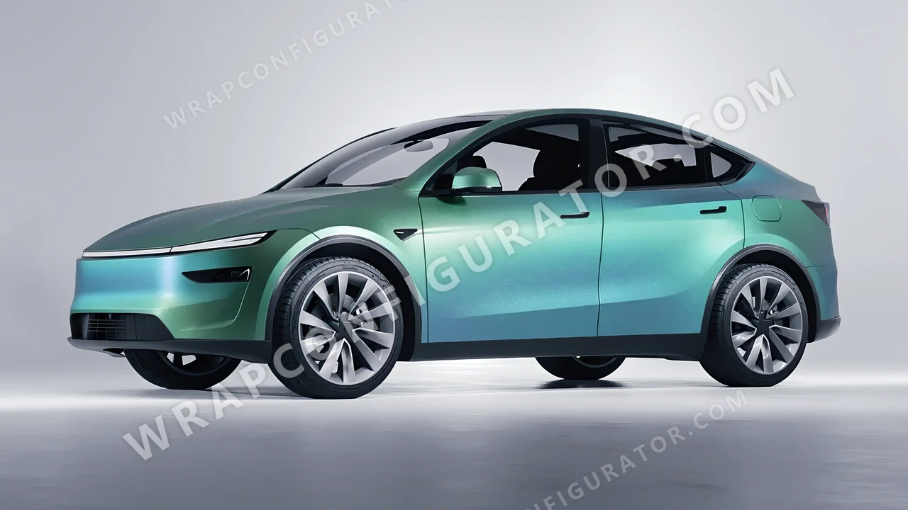 White Tesla Model Y Juniper 2025 wrapped in KPMF Arctic Borealis K75509