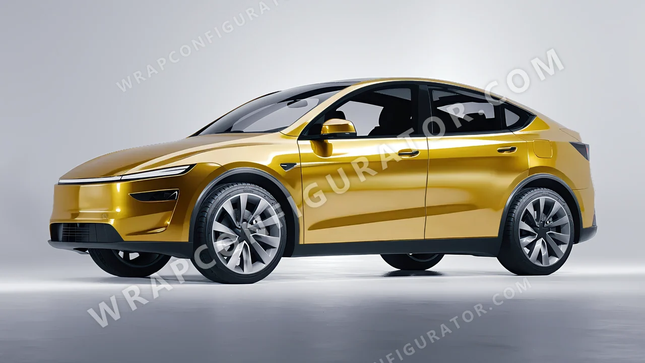 Yellow Tesla Model Y Juniper 2025 wrapped in 3M Gloss Gold Metallic G241
