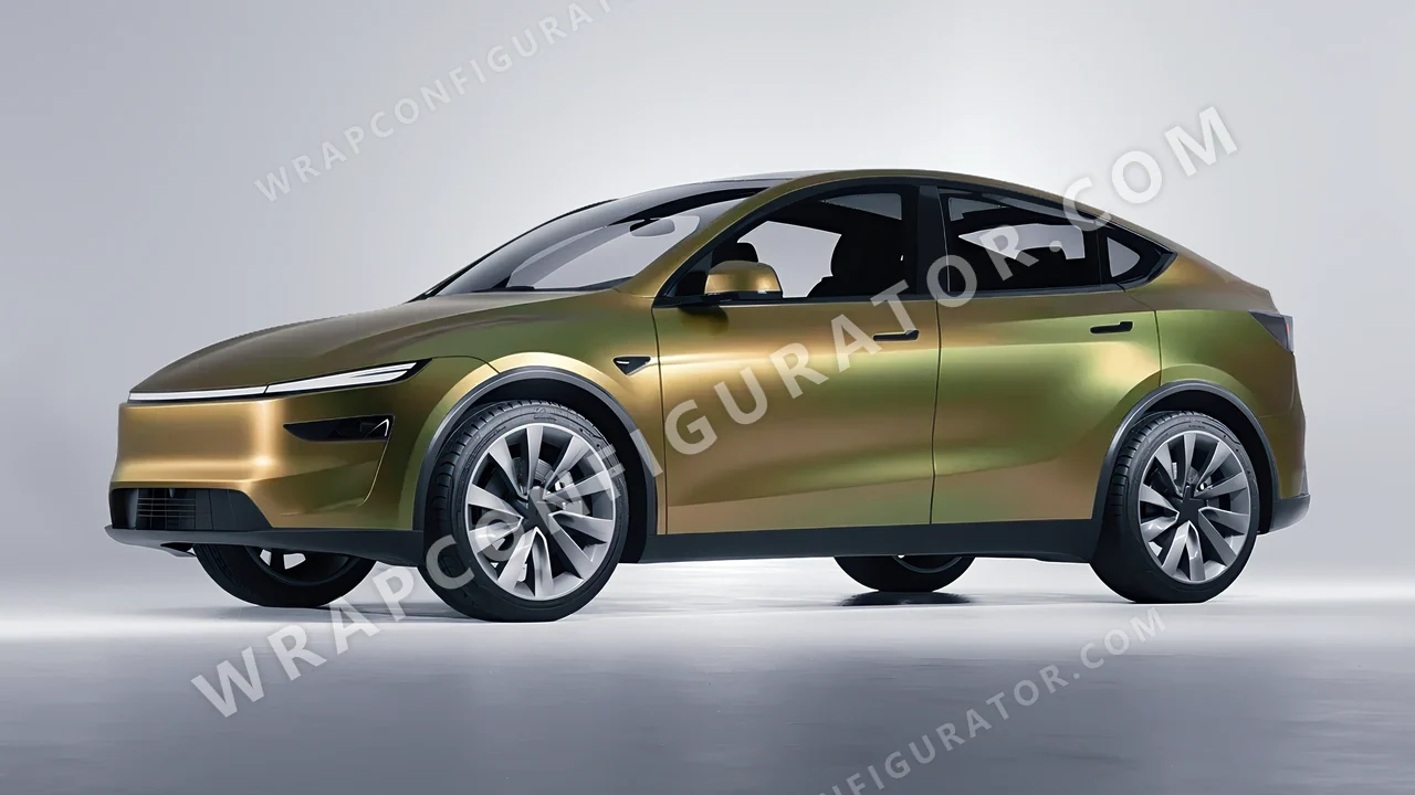 Yellow Tesla Model Y Juniper 2025 wrapped in 3M Golden Aurora SP264