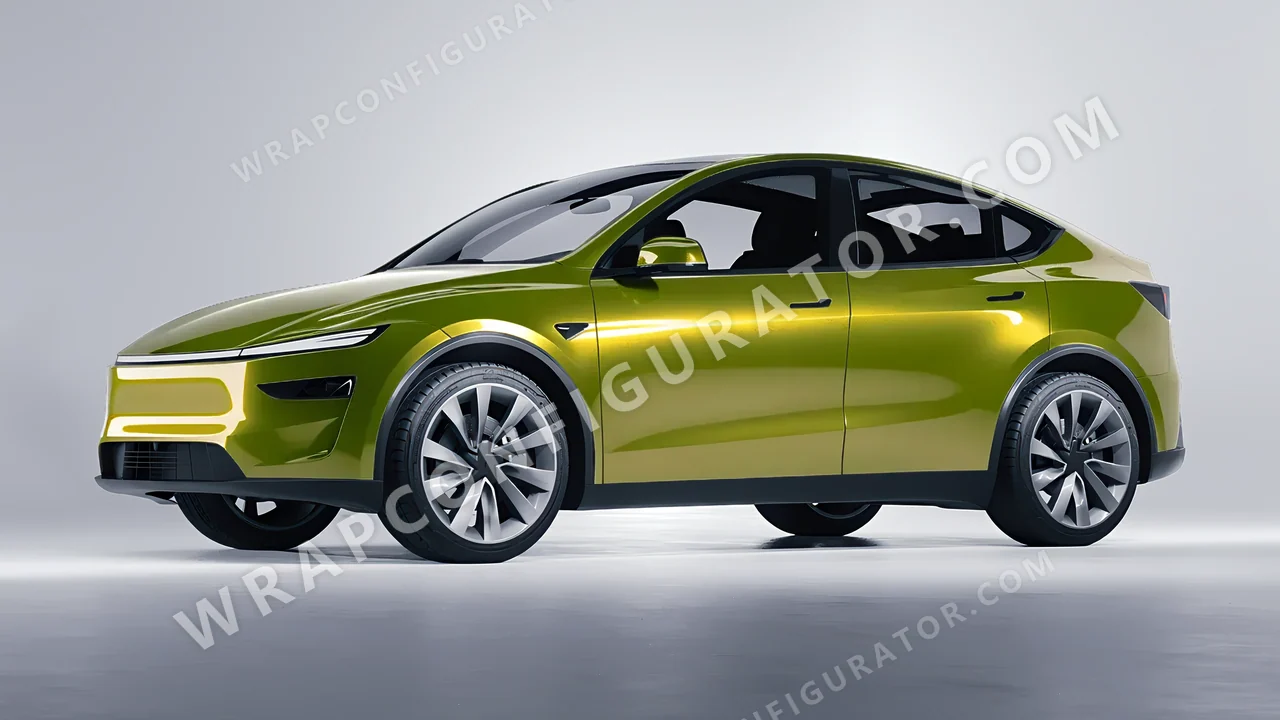 Yellow Tesla Model Y Juniper 2025 wrapped in KPMF Solar Flash K75409