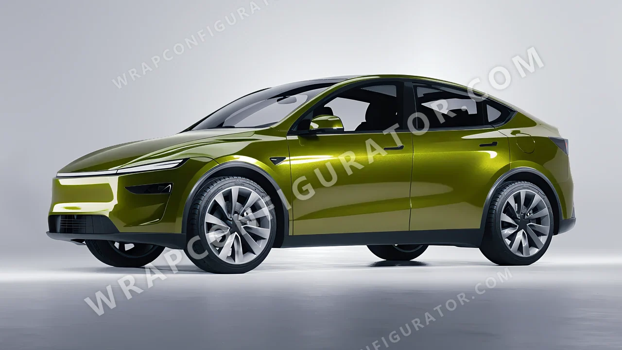 Yellow Tesla Model Y Juniper 2025 wrapped in KPMF Verde Solaris K75439