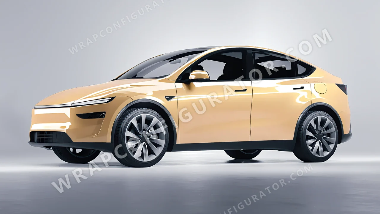 Yellow Tesla Model Y Juniper 2025 wrapped in ORACAL Champagne Myst 970RA-996G
