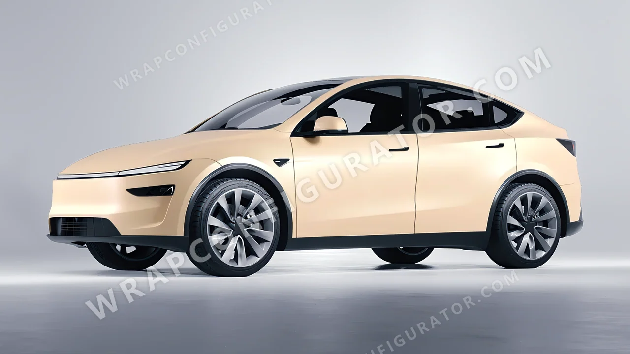 Yellow Tesla Model Y Juniper 2025 wrapped in ORACAL Champagne Myst 970RA-996M
