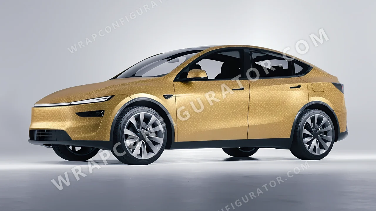 Yellow Tesla Model Y Juniper 2025 wrapped in ORACAL Gold Honeycomb 975-091HC