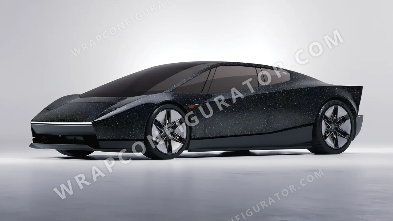 Black Tesla Roadster 2026 wrapped in ORACAL Gloss Black Galactic Gold 970RA-905G