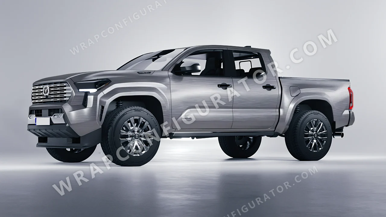 Grey Toyota Tacoma 2024 wrapped in 3M Brushed Steel BR201