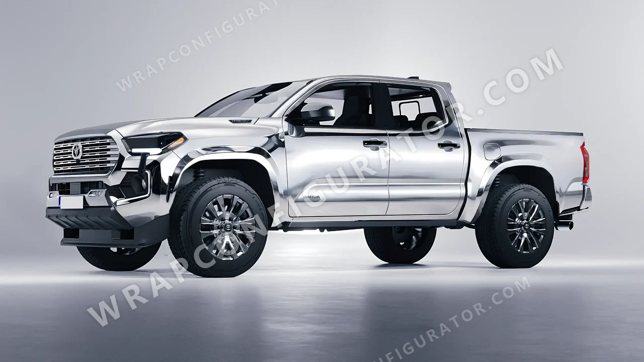 Grey Toyota Tacoma 2024 wrapped in 3M Gloss Silver Chrome GC451