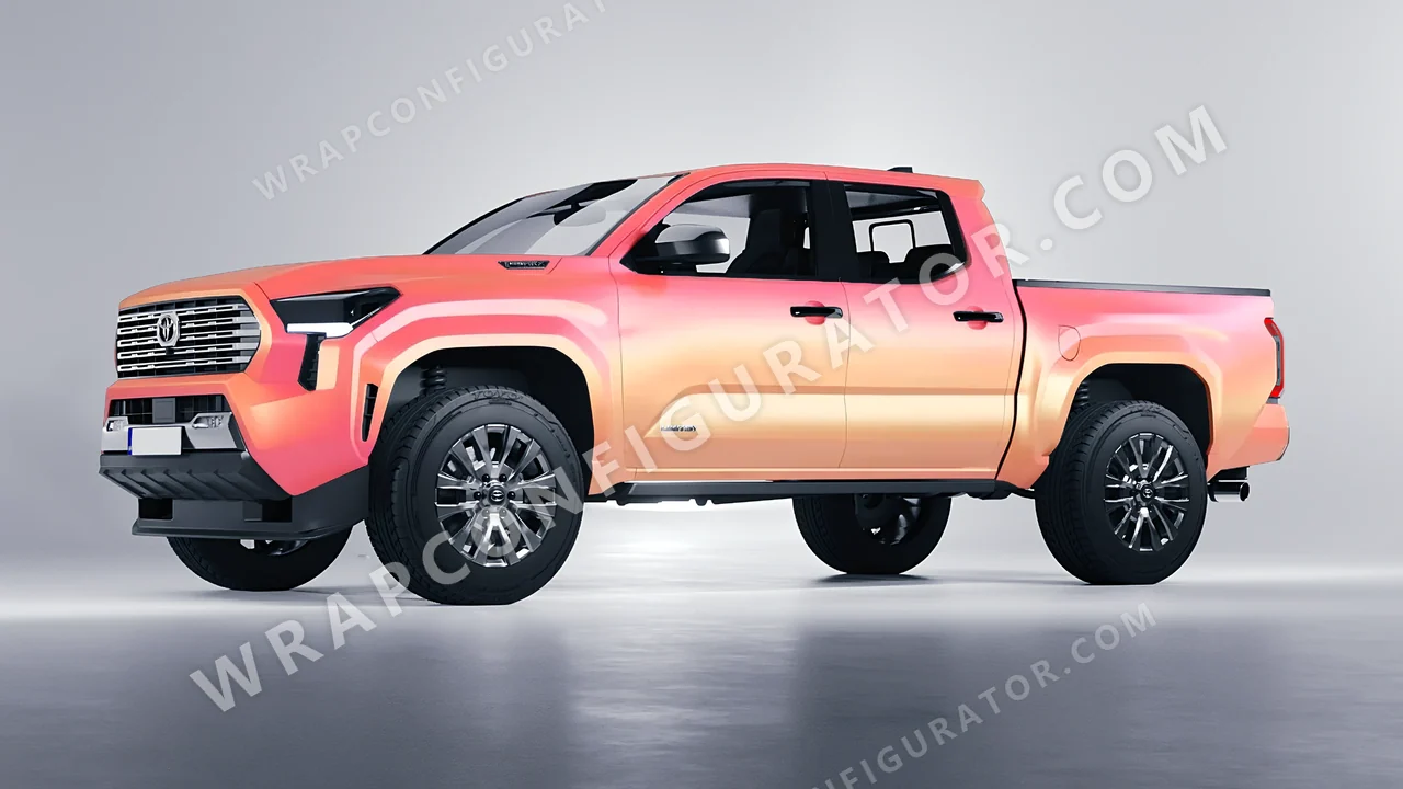 Orange Toyota Tacoma 2024 wrapped in 3M Electric Coral SP213